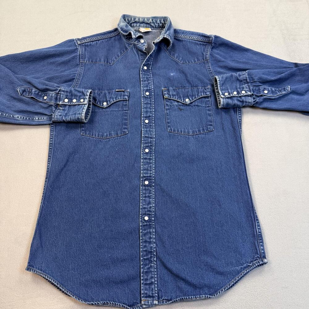 Carhartt Shirt Mens Large Blue Denim Long Sleeve Snap Front Western Workwear